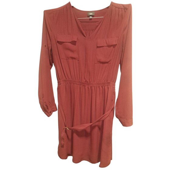 Mossimo Burgundy BoHo Long Sleeve Shirt Dress XXL Belted V-Neck Boho Fall Career - Picture 1 of 12